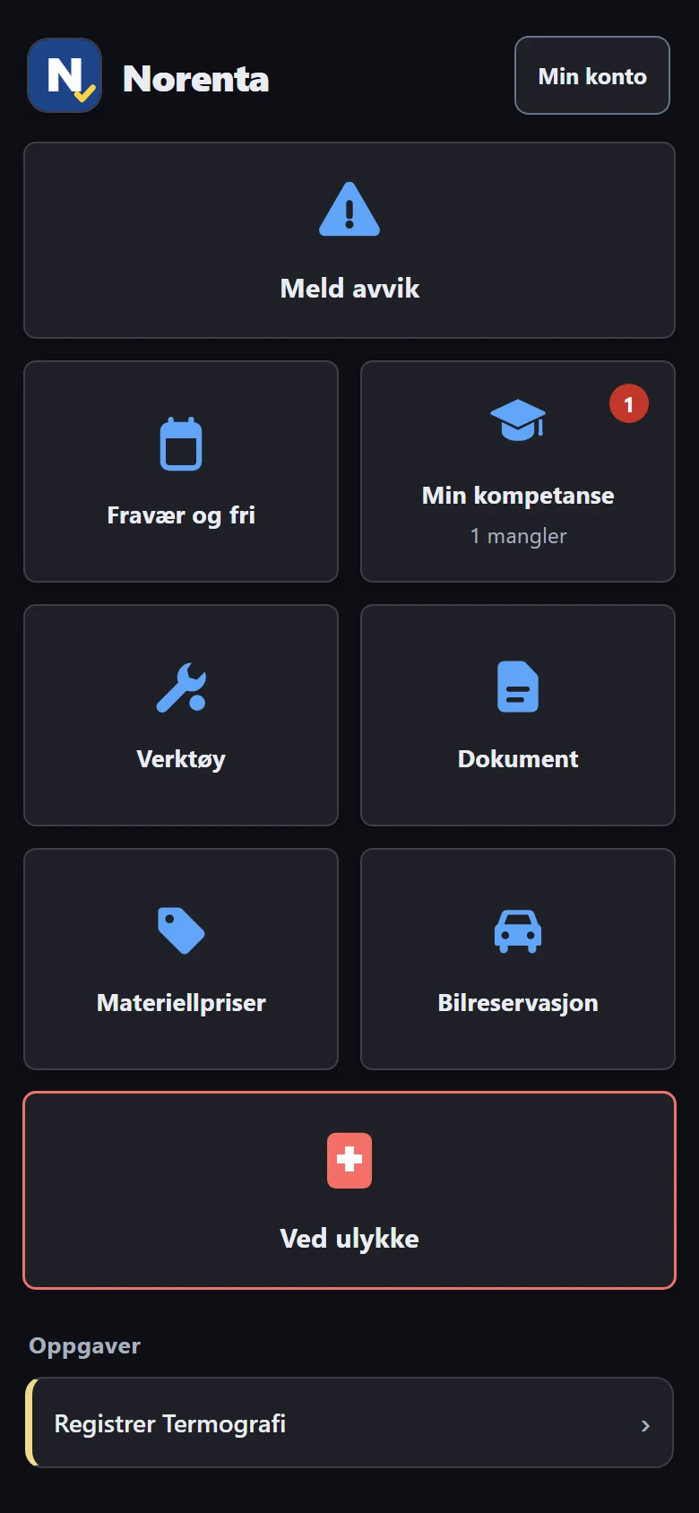 Illustrasjon av en tilpasset app: heimeskjermen med to egne moduler i tillegg, Materiellpriser og Bilreservasjon