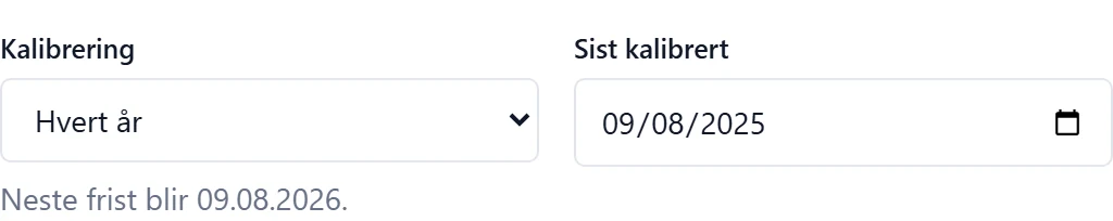Ettersyn på et demoinstrument: årlig intervall, sist kalibrert og beregnet neste frist