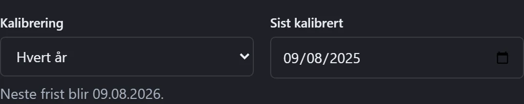 Ettersyn på et demoinstrument: årlig intervall, sist kalibrert og beregnet neste frist