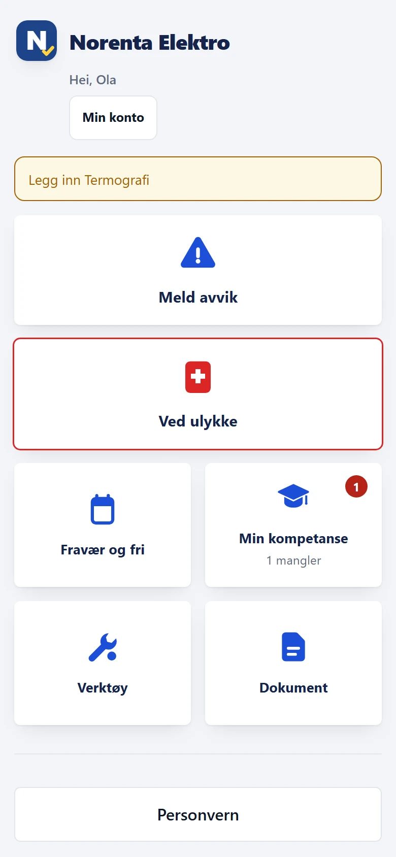 Appen i Norenta med demodata: Meld avvik, Ved ulykke, Fravær og fri, Min kompetanse, Verktøy og Dokument