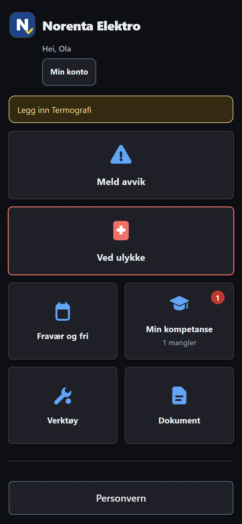 Appen i Norenta med demodata: Meld avvik, Ved ulykke, Fravær og fri, Min kompetanse, Verktøy og Dokument