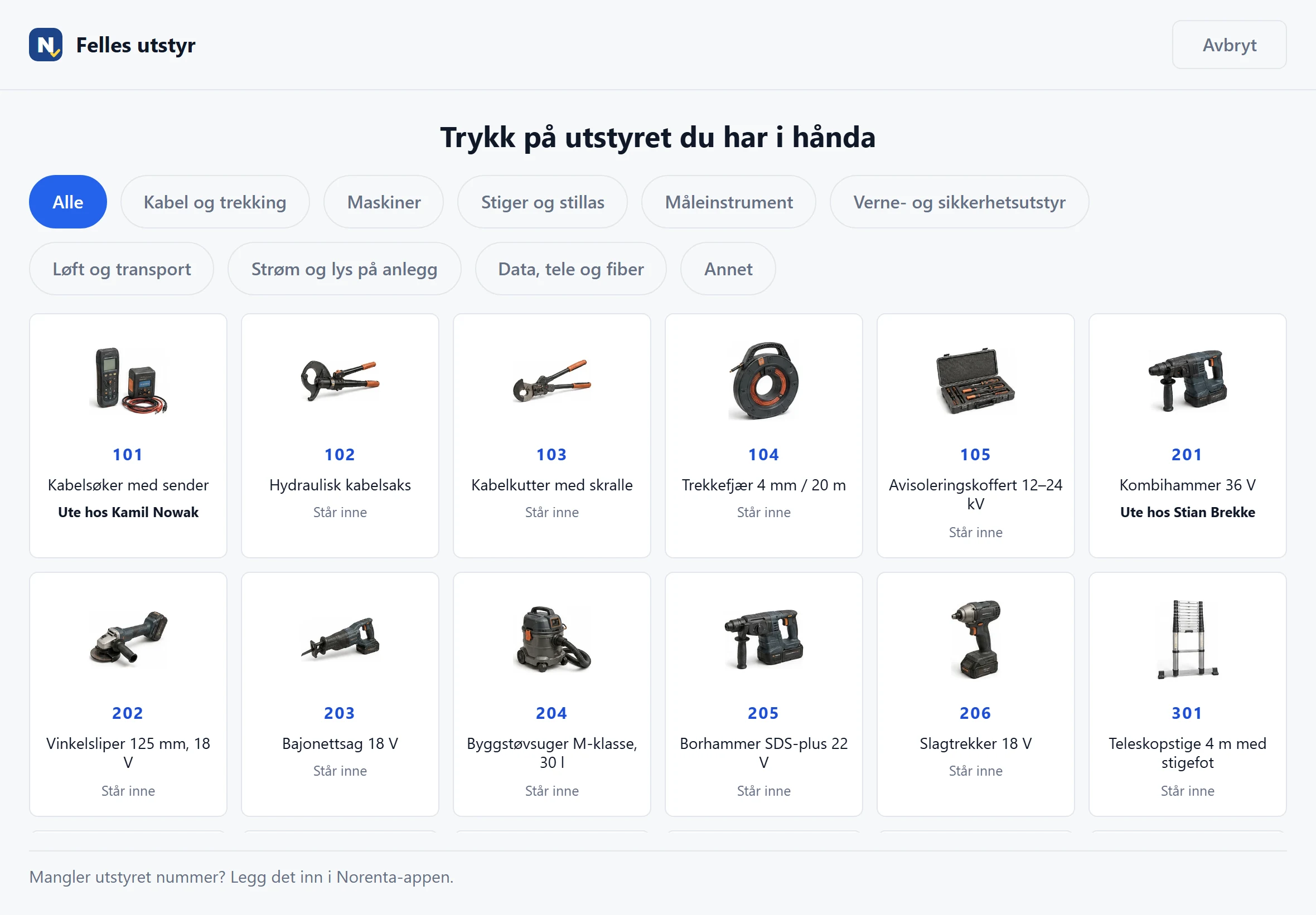 Se alt verktøy på nettbrettet: grupper, merkenummer, navn og utlånsstatus. Demodata.