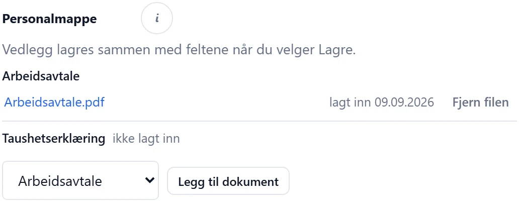 Personalmappe med demodata: arbeidsavtalen er lastet opp, taushetserklæringen mangler og dokumenttypen velges før opplasting