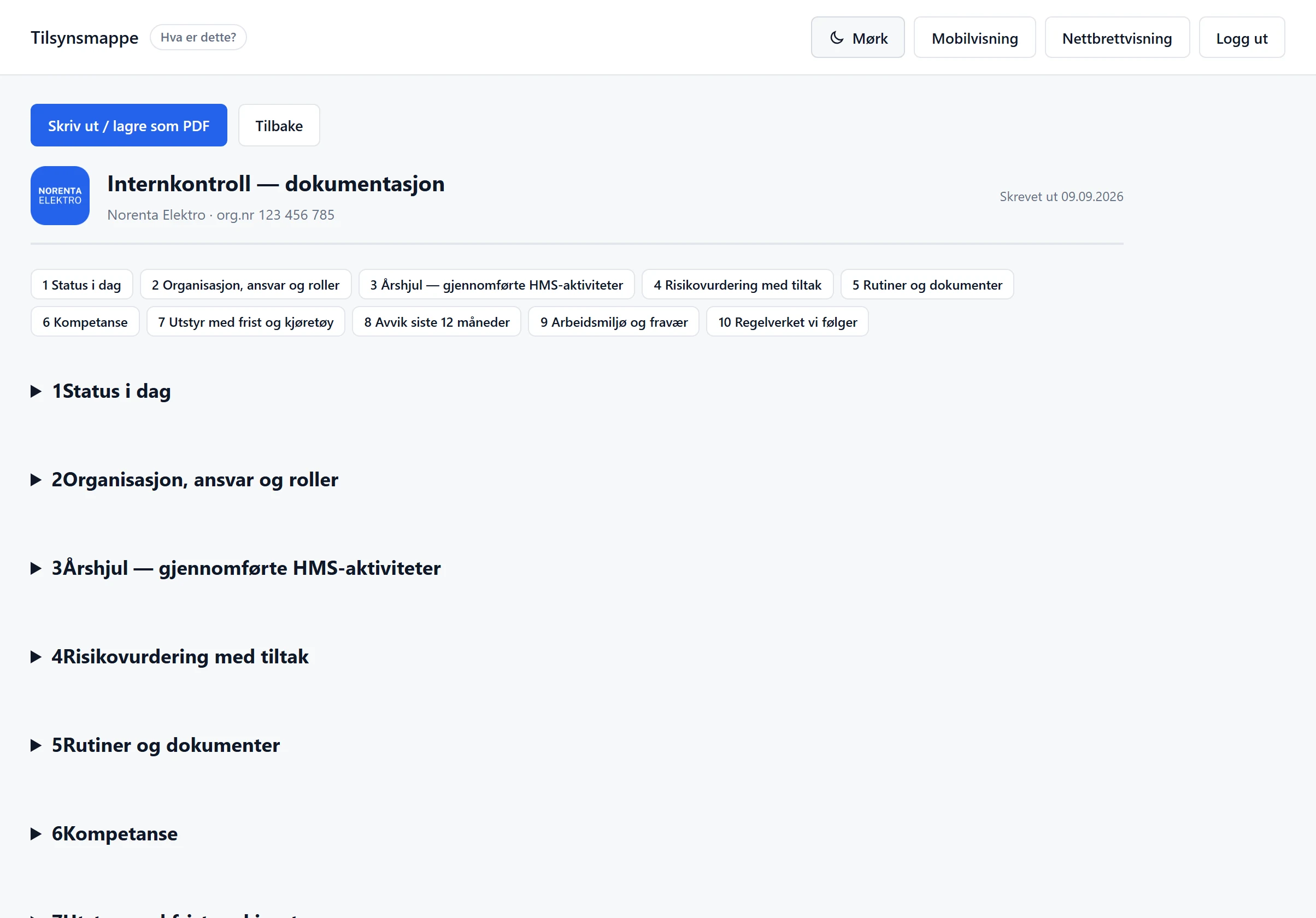Tilsynsmappa i Norenta med demodata: status i dag per område, og seksjonen om organisasjon, ansvar og roller
