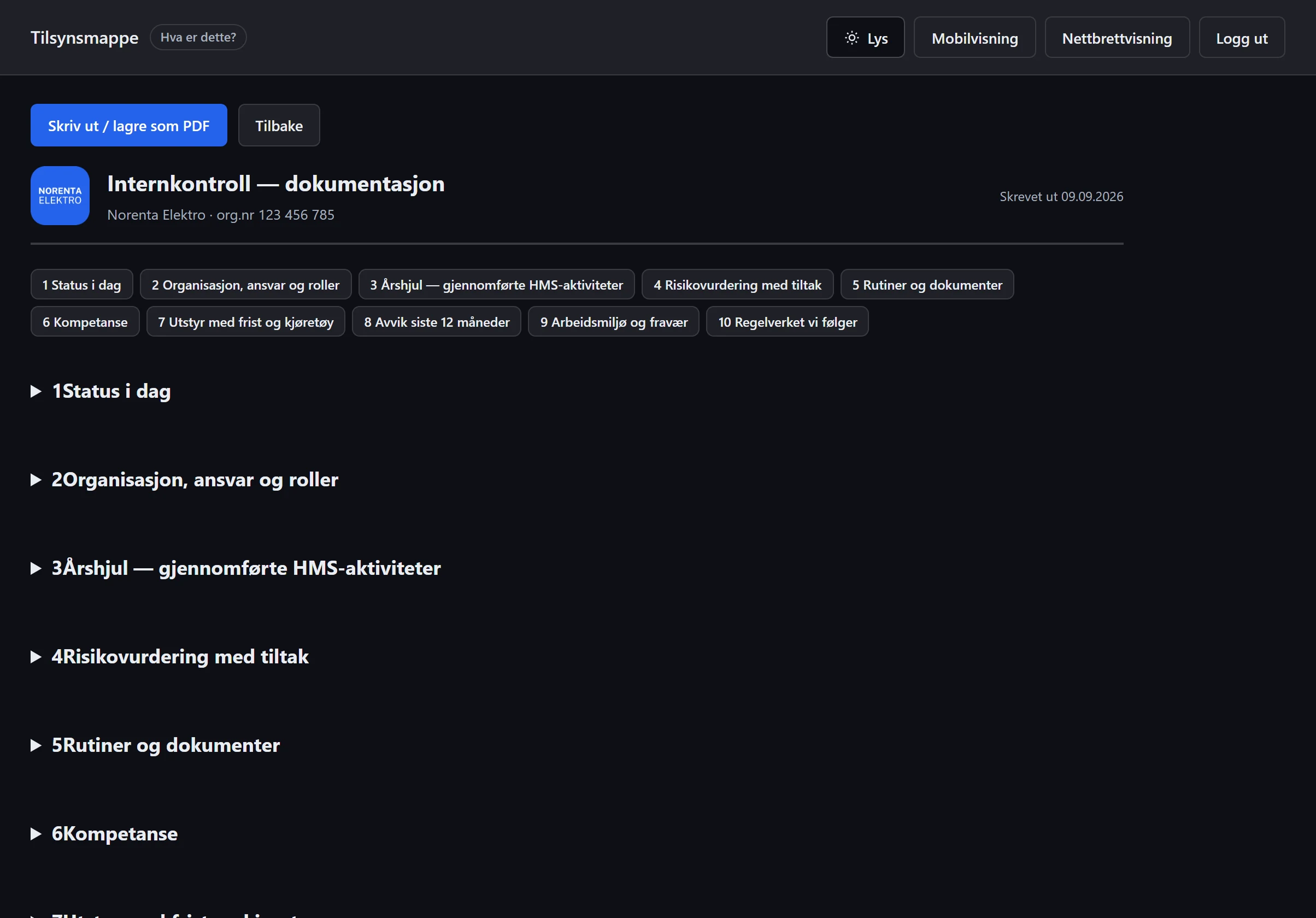Tilsynsmappa i Norenta med demodata: status i dag per område, og seksjonen om organisasjon, ansvar og roller