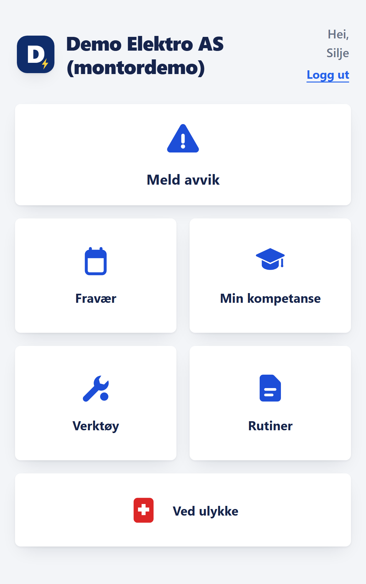 Montørappen i Norenta med demodata: knappene Meld avvik, Fravær, Min kompetanse, Verktøy, Rutiner og Ved ulykke