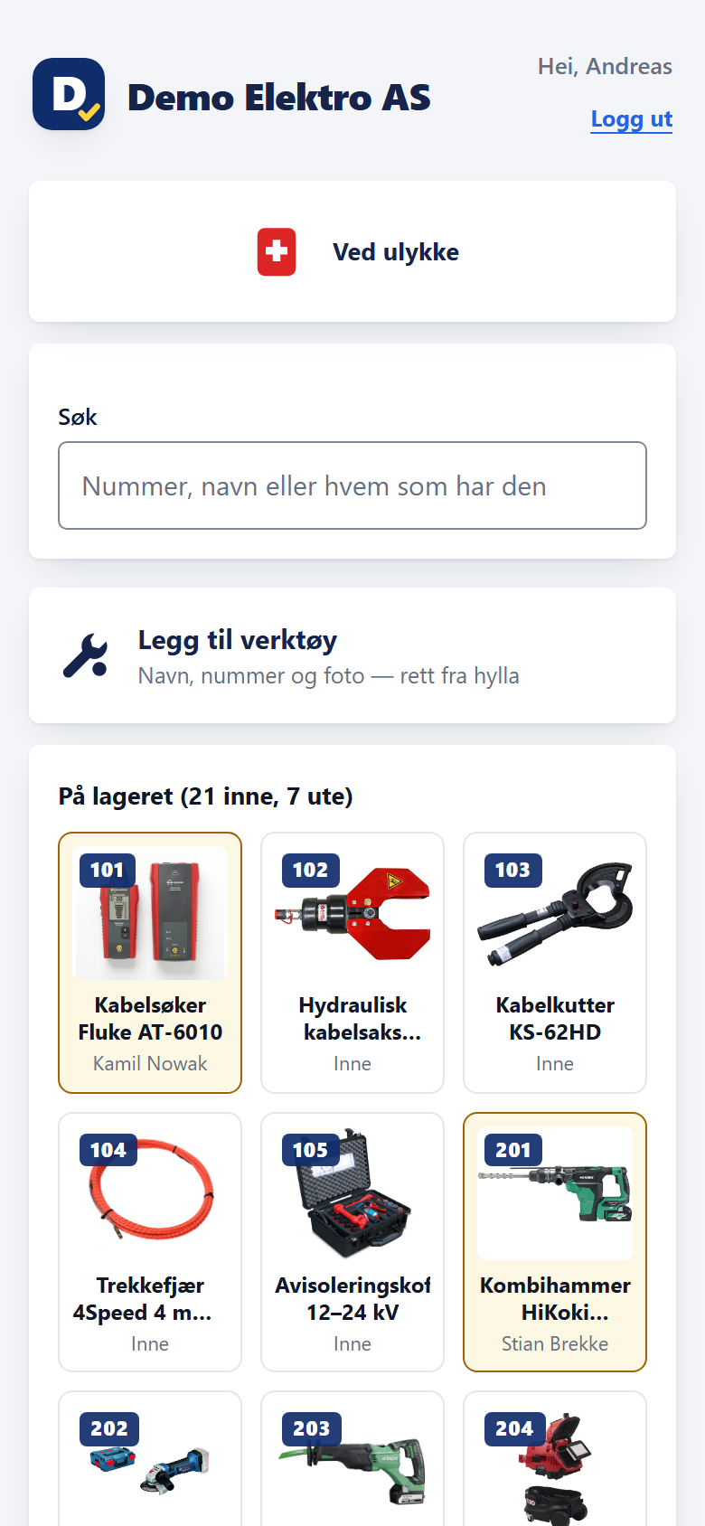 Montørappen i Norenta Verktøy med demodata: knappen «Legg til verktøy», søkefeltet, og galleriet «På lageret» med bilde, nummer og status per verktøy